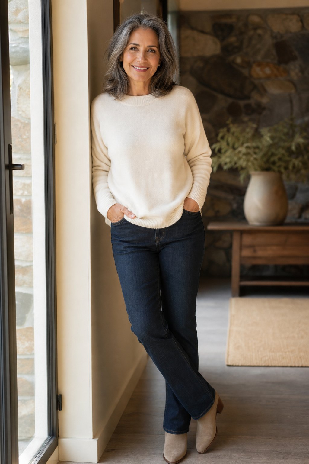 Woman in her 50s wearing a soft cream fine knit sweater in an affordable fall capsule