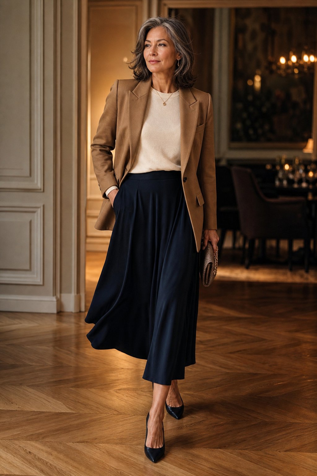 Woman in her 50s wearing a fluid midi skirt in inky navy as an elegant budget capsule piece