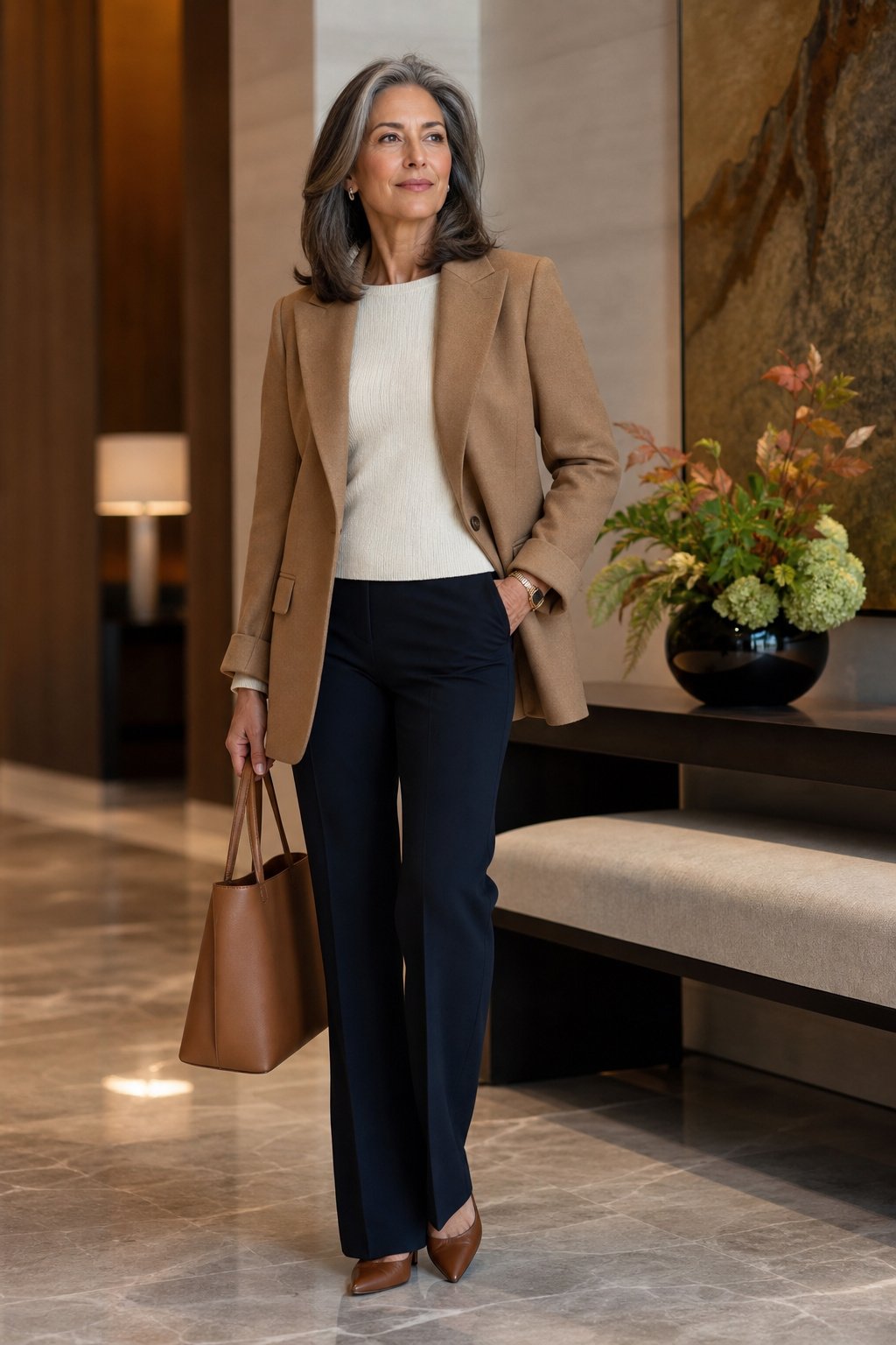 Woman in her 50s holding an elegant structured handbag tote as the finishing touch of a budget fall capsule