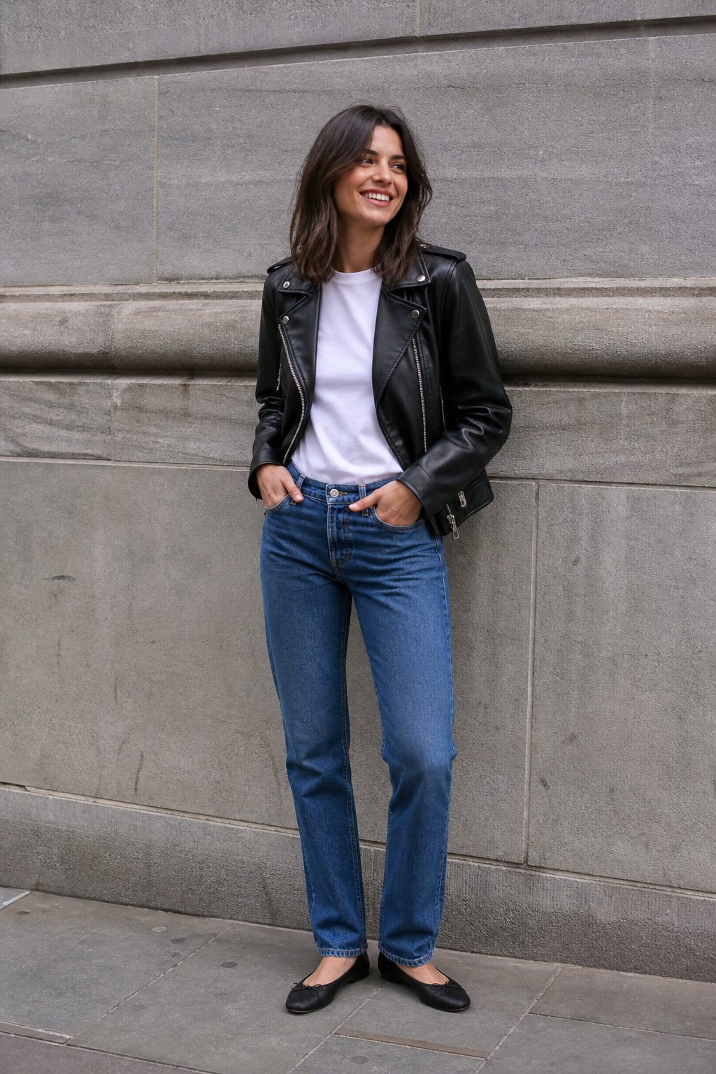 Woman in her 20s in a faux leather moto jacket, white tee and straight jeans for an affordable expensive look
