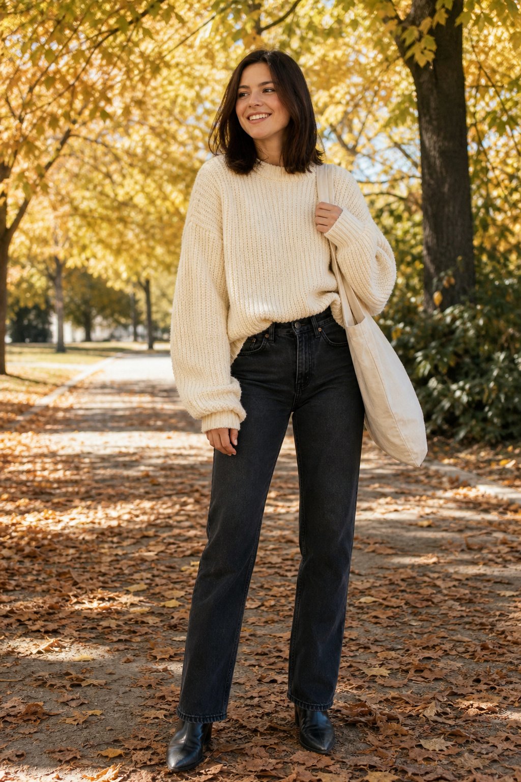 Woman in her 20s in a chunky cream oversized knit sweater with jeans in a fall park