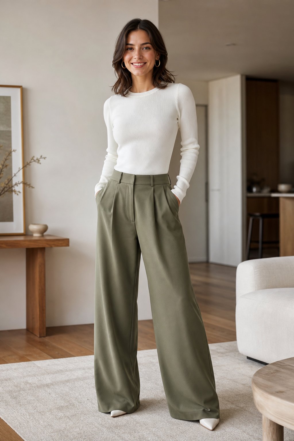 Woman in her 20s in high-rise wide-leg olive trousers with a white knit top at home