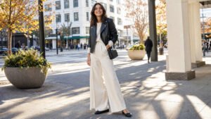 Woman in her early 20s in a faux leather moto jacket, oversized knit and wide-leg trousers, affordable expensive look