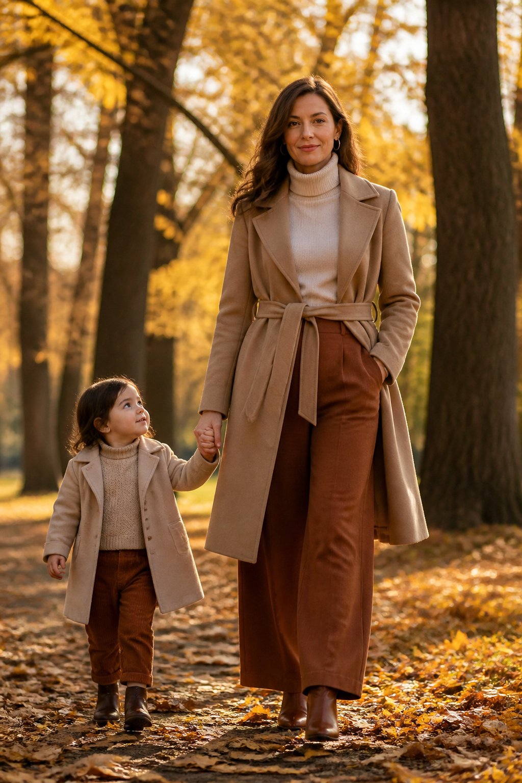 Woman in early 40s in cream turtleneck, camel wrap coat and rust trousers for fall family photos