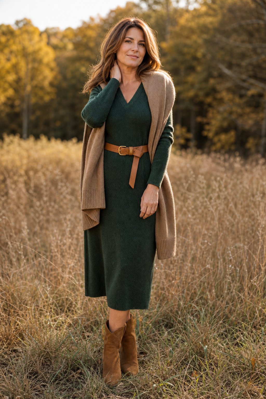 Woman in early 40s in a forest green knit dress with tan belt for fall family photos