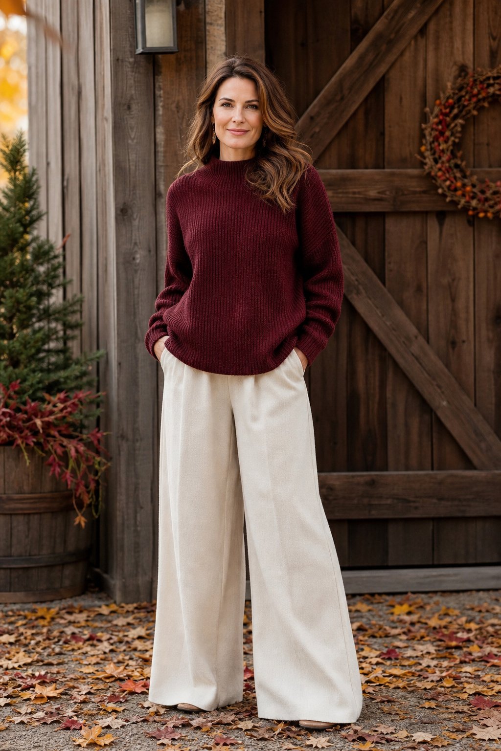 Woman in early 40s in a burgundy sweater with cream trousers for fall family photos