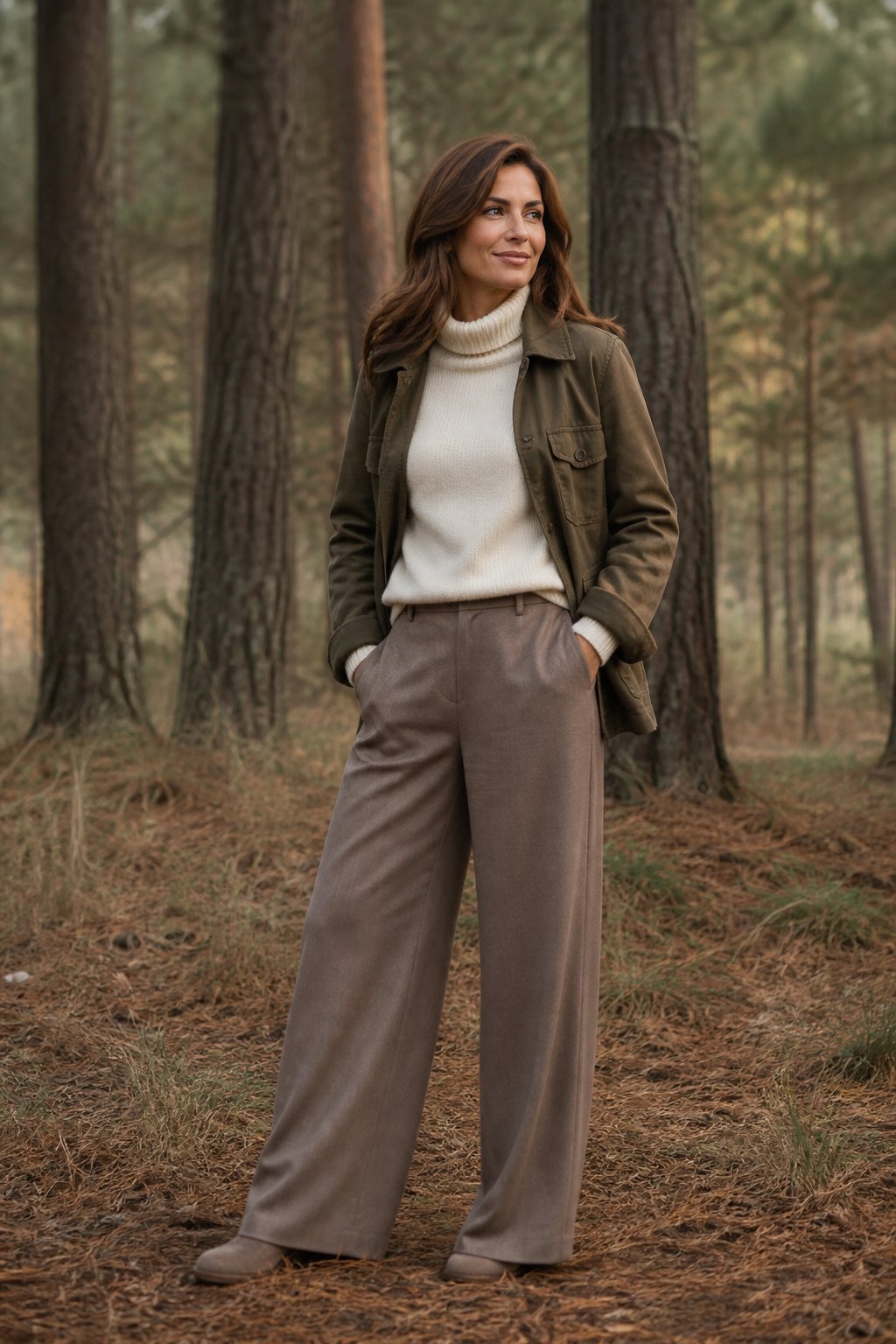 Woman in early 40s in an olive jacket over ivory turtleneck for fall family photos