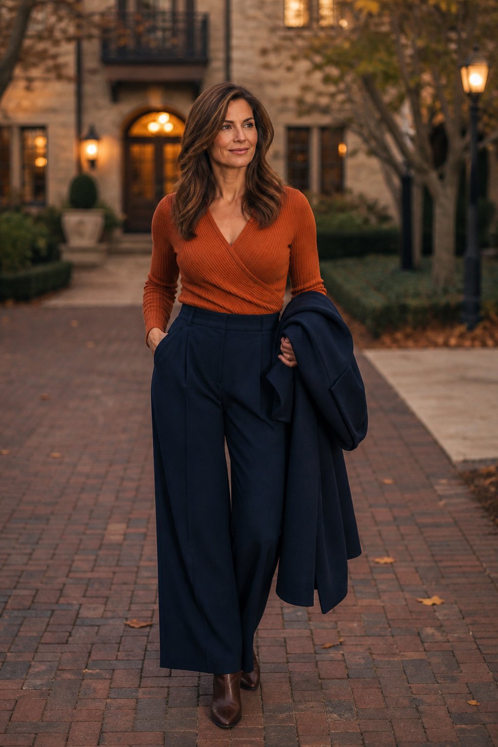Woman in early 40s in a terracotta knit with navy trousers for fall family photos