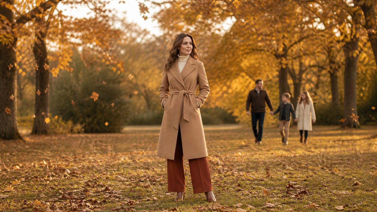 Woman in her early 40s in a coordinated cream, camel and rust fall family photo outfit with her family, golden autumn light