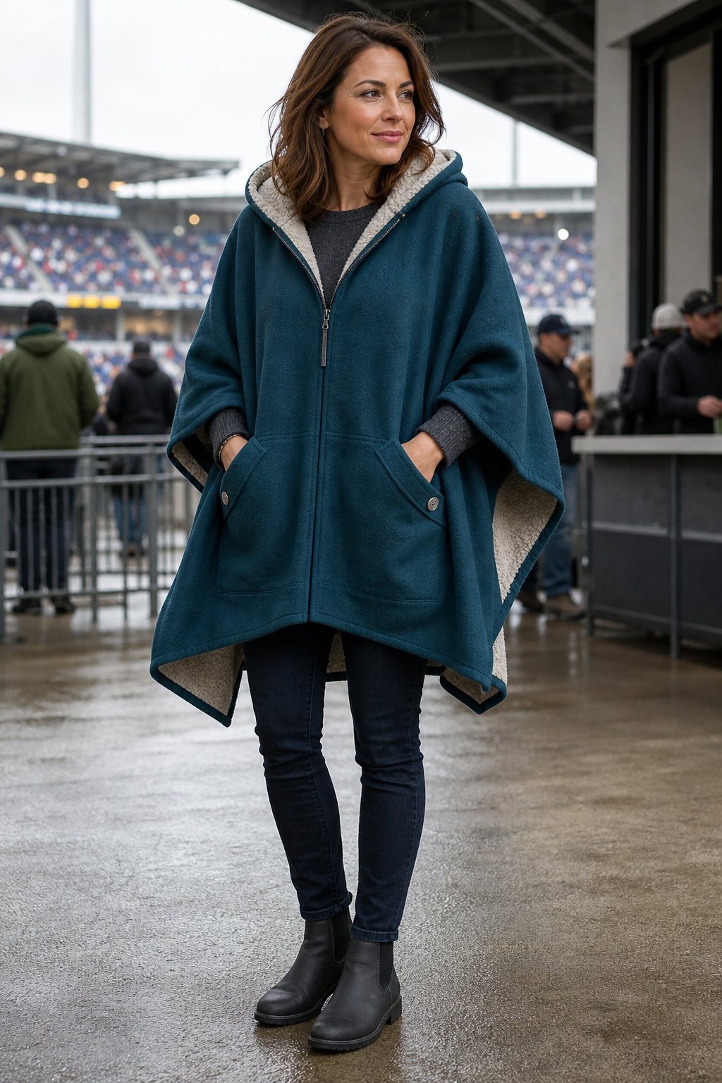woman wearing a fleece stadium poncho over a knit at an open air game