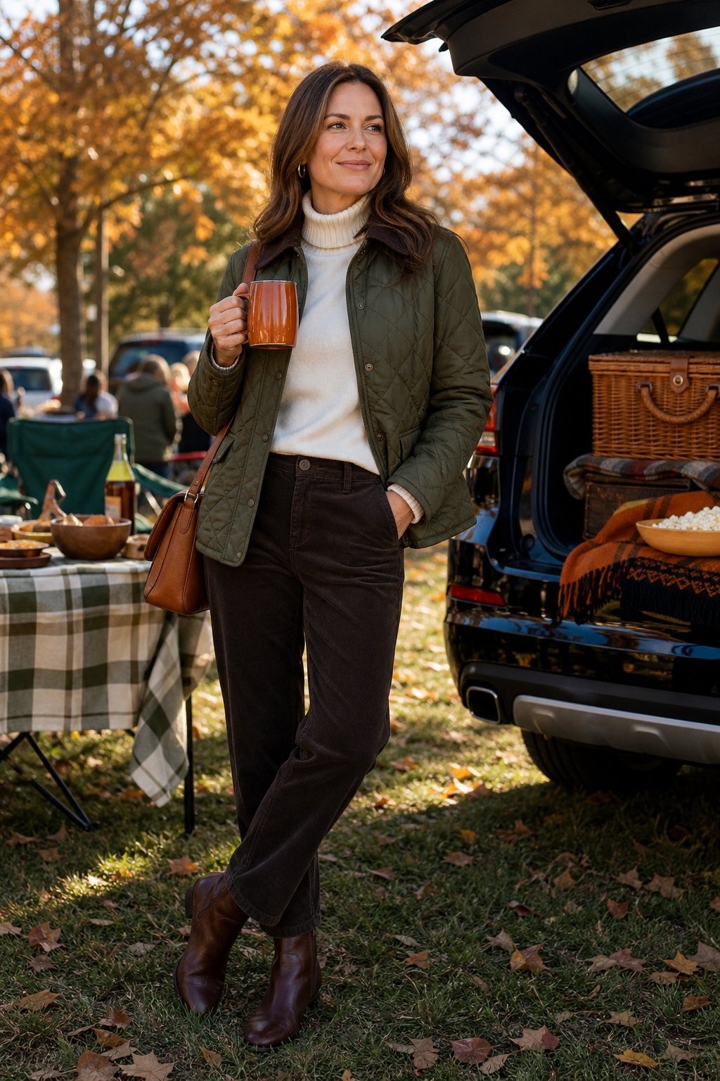 woman in a quilted jacket, turtleneck and corduroy trousers tailgating in the fall