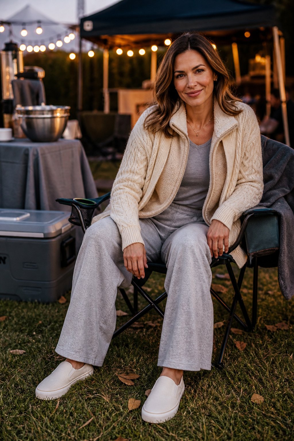 woman in a cable knit cardigan, fleece vest and wide leg sweatpants at a dusk tailgate