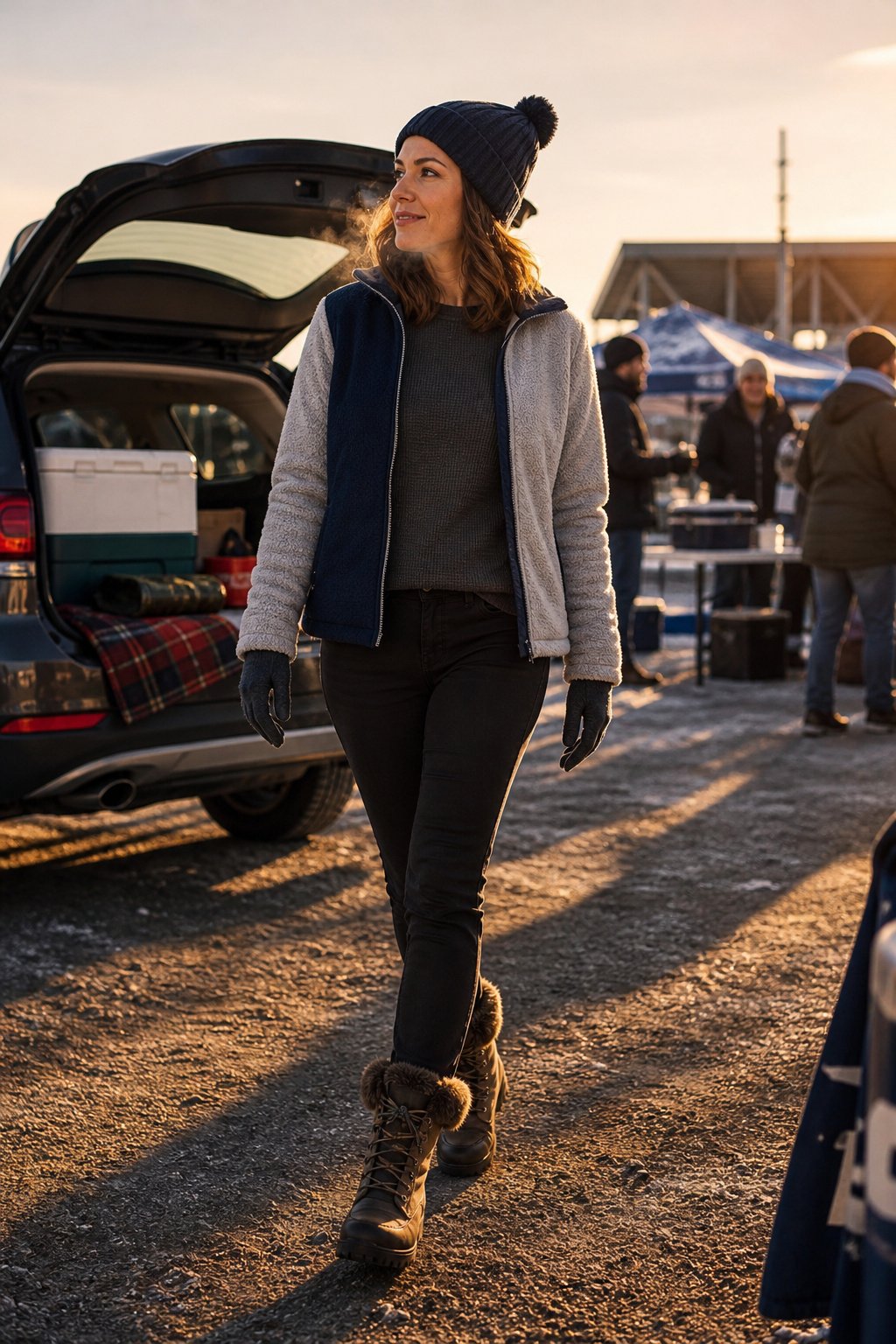 woman in a reversible zip jacket, thermal and fur lined boots at a cold football game