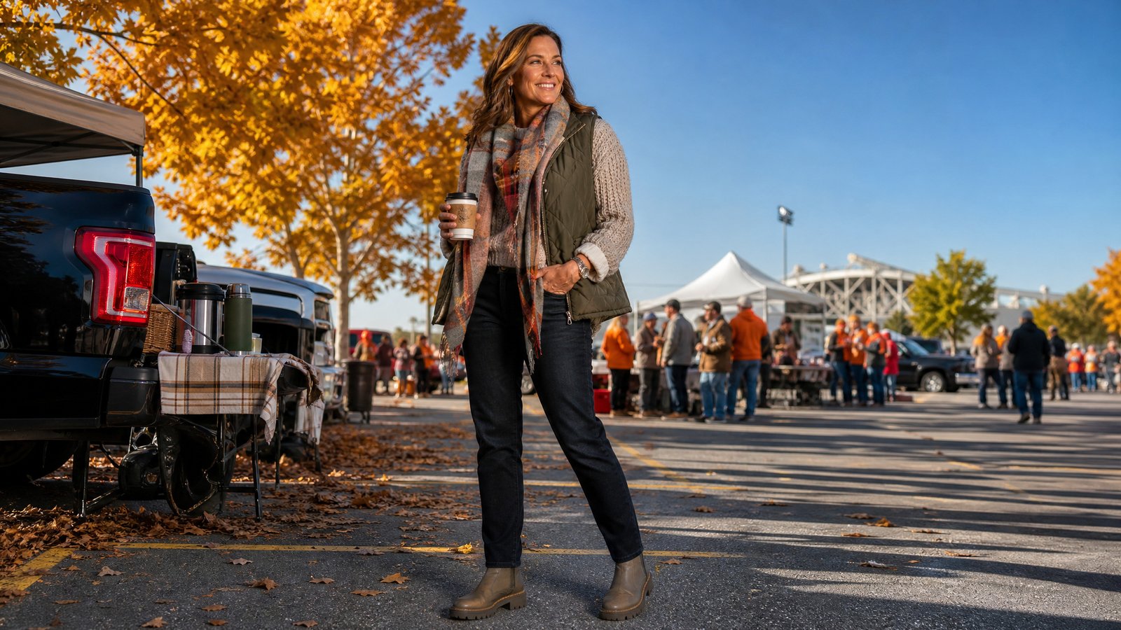 woman in her late 30s in a quilted vest, blanket scarf and chunky boots at a fall football tailgate