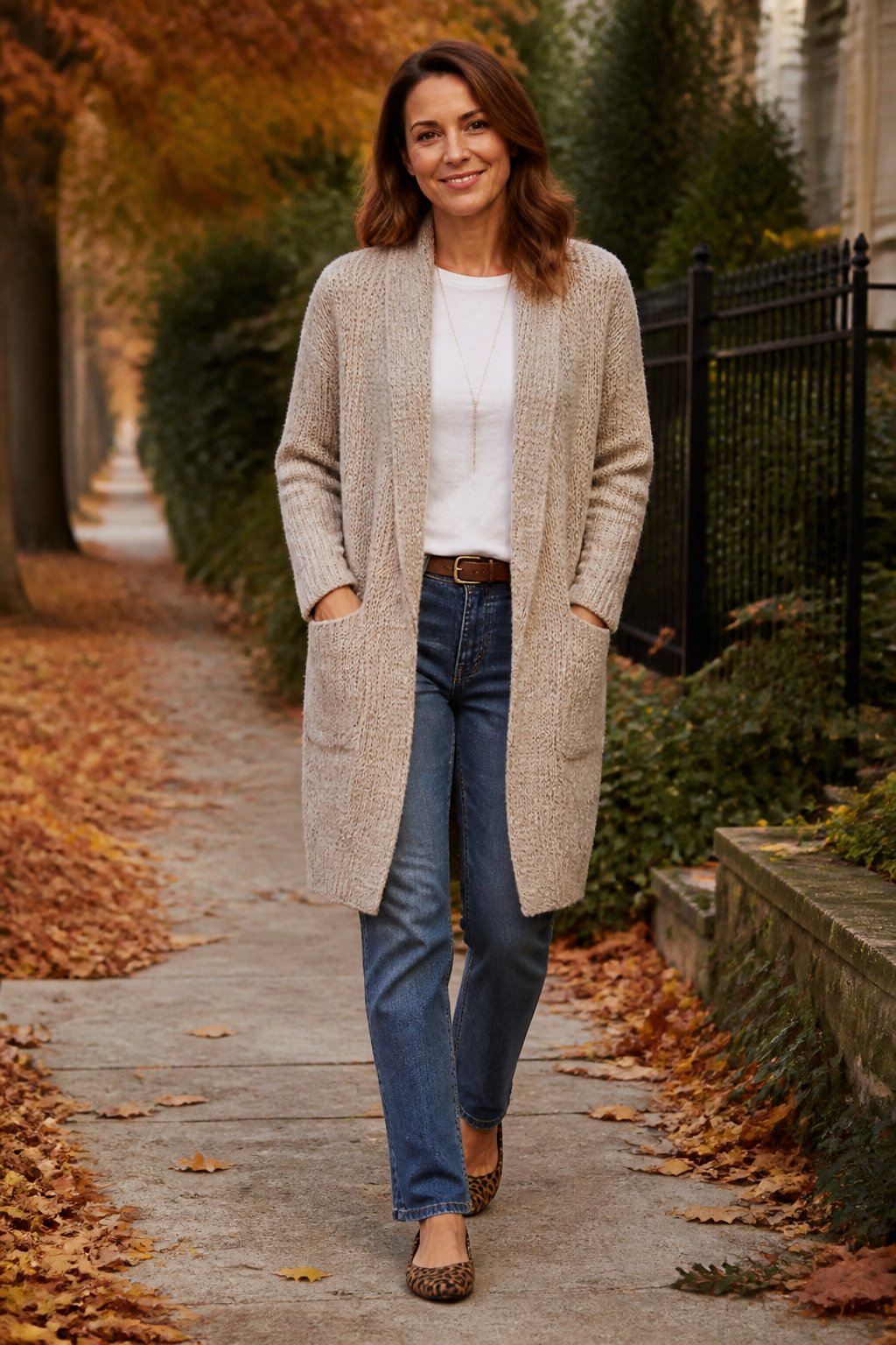 Woman in early 40s wearing a chunky oatmeal knit cardigan over a white tee and straight-leg jeans
