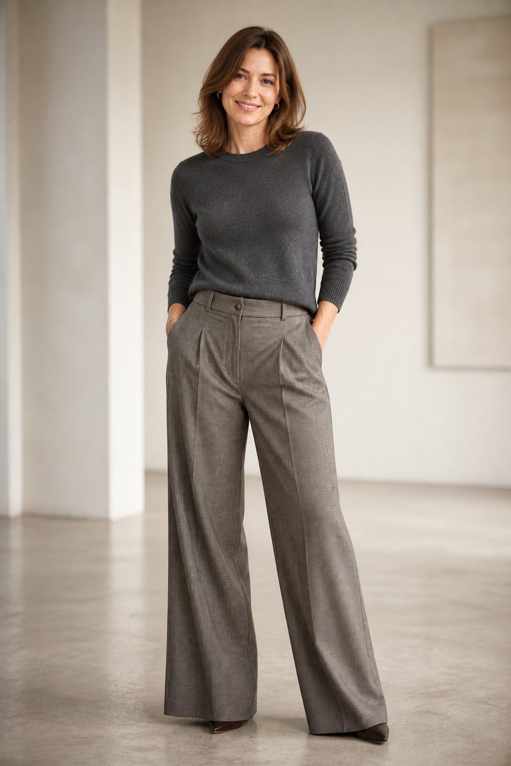 Woman wearing a charcoal cashmere-blend crewneck pullover tucked into wide-leg trousers