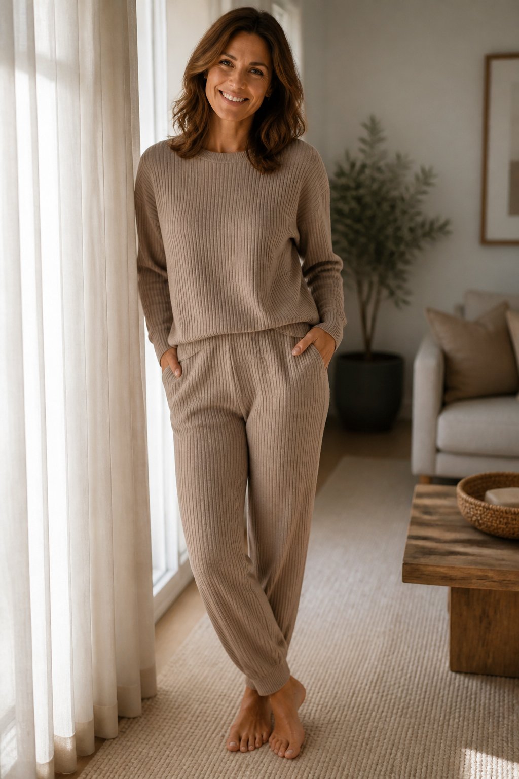 Woman wearing a matching taupe ribbed knit lounge set in a cozy soft light