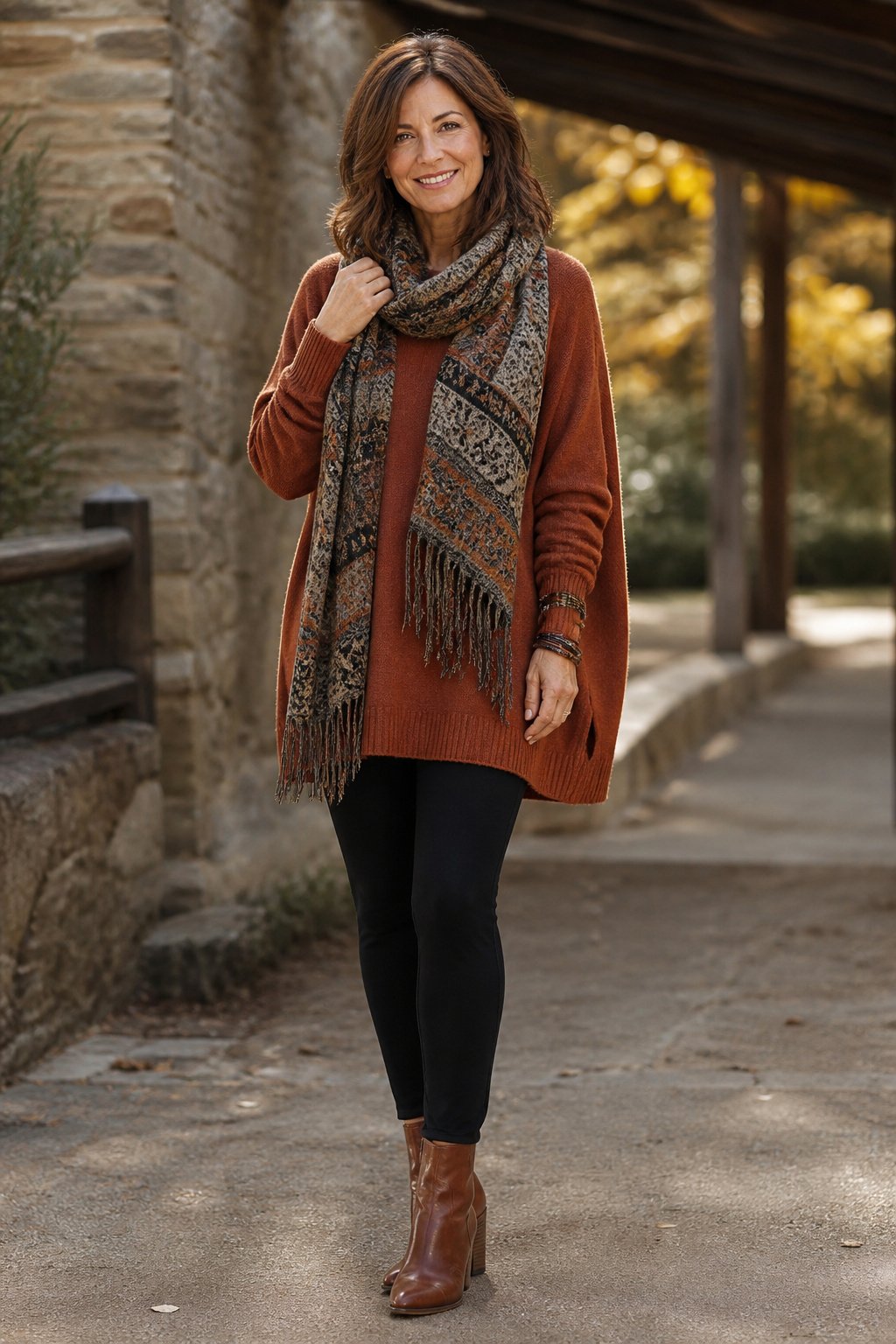 Woman wearing an oversized rust knit tunic with black leggings a scarf and ankle boots