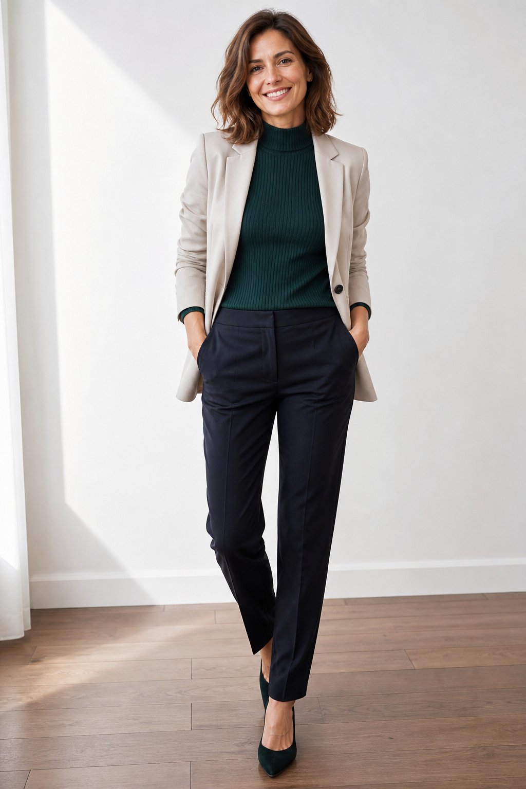 Woman wearing a fitted forest-green ribbed mock-neck knit layered under a blazer