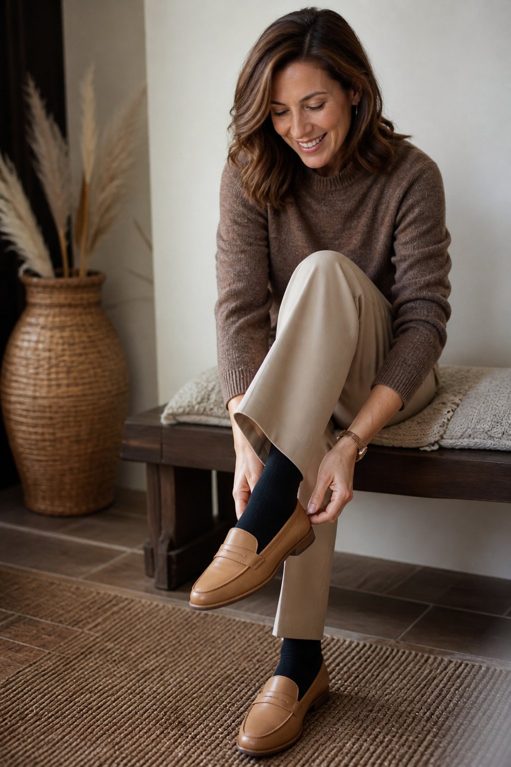 Close view of tan slip-on loafers being fitted over black socks with tailored beige trousers