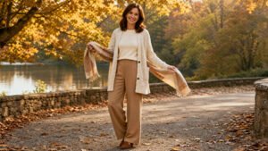 Cozy fall knit gift finds for women, chunky cardigan layered look in warm autumn tones