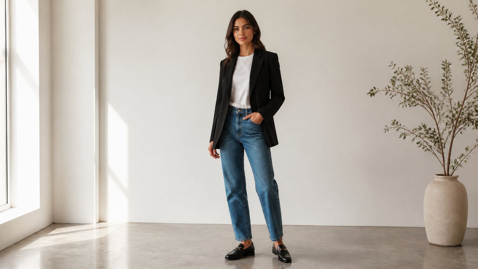 woman in her early 20s in a tailored blazer, white tee, straight jeans and loafers, polished smart-casual fall outfit