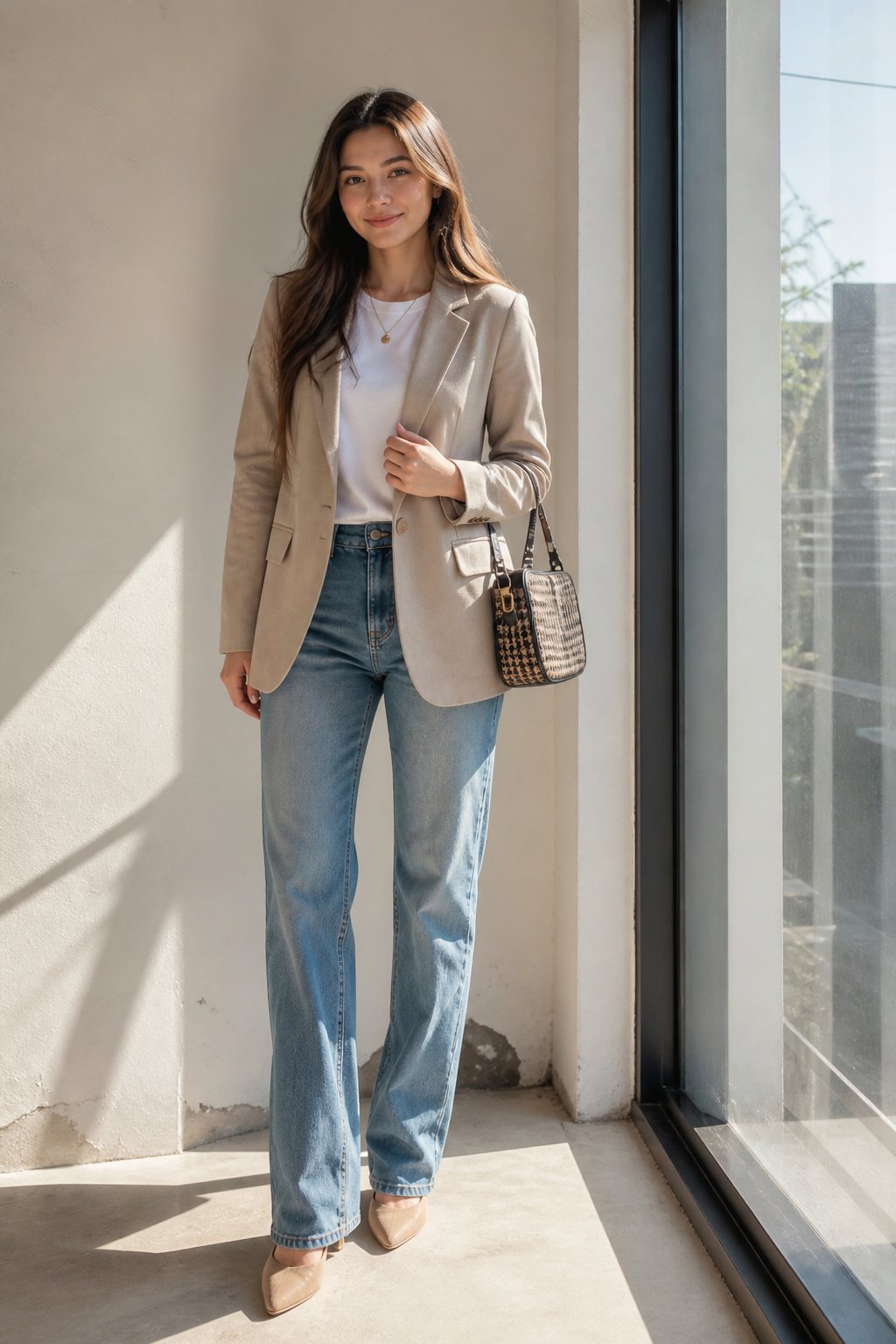 Woman in her early 20s wearing a tailored blazer over a white tee and straight jeans for a polished everyday look