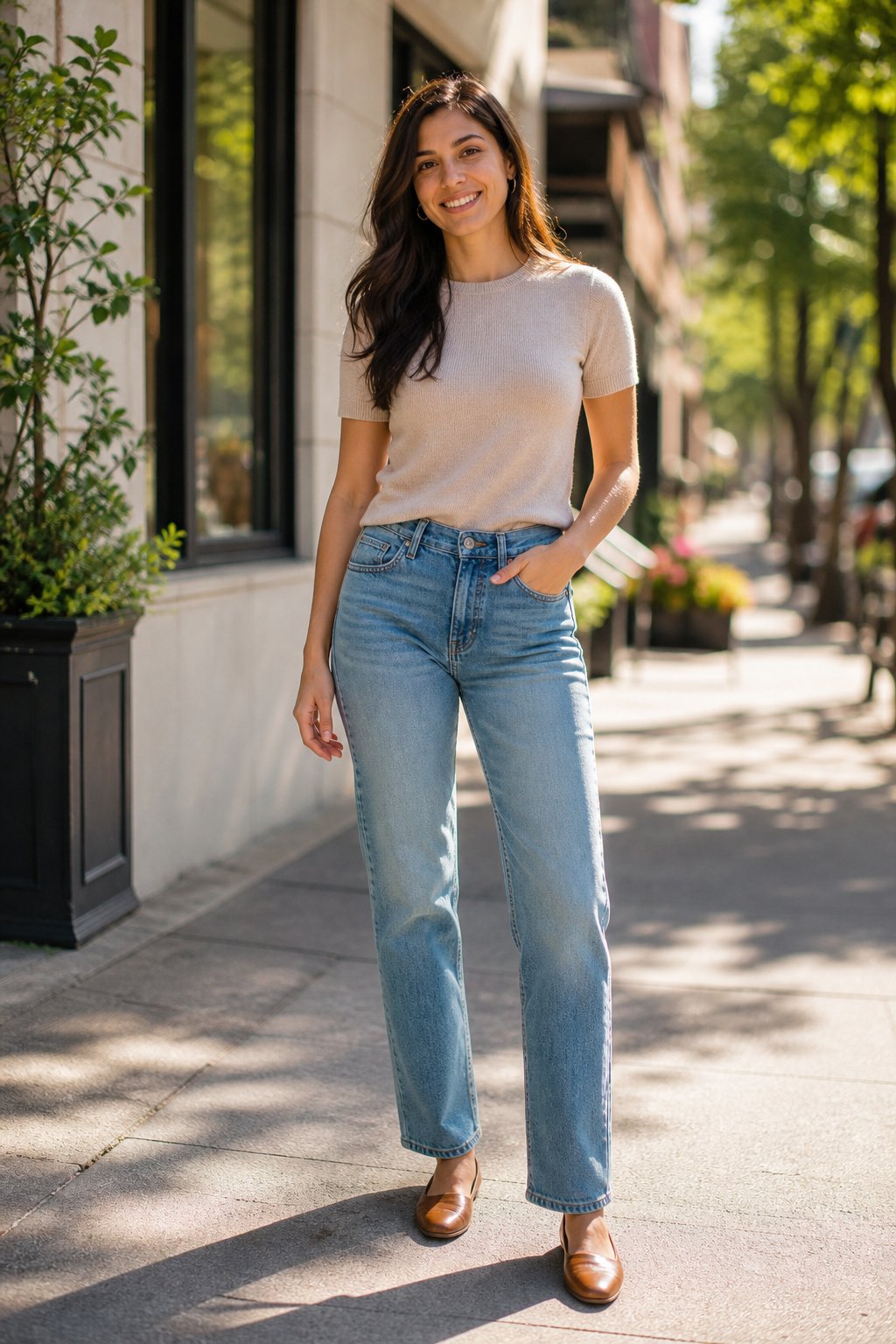 Confident woman in her mid 20s in well-fitted straight leg jeans and a tucked knit top with a relaxed polished silhouette