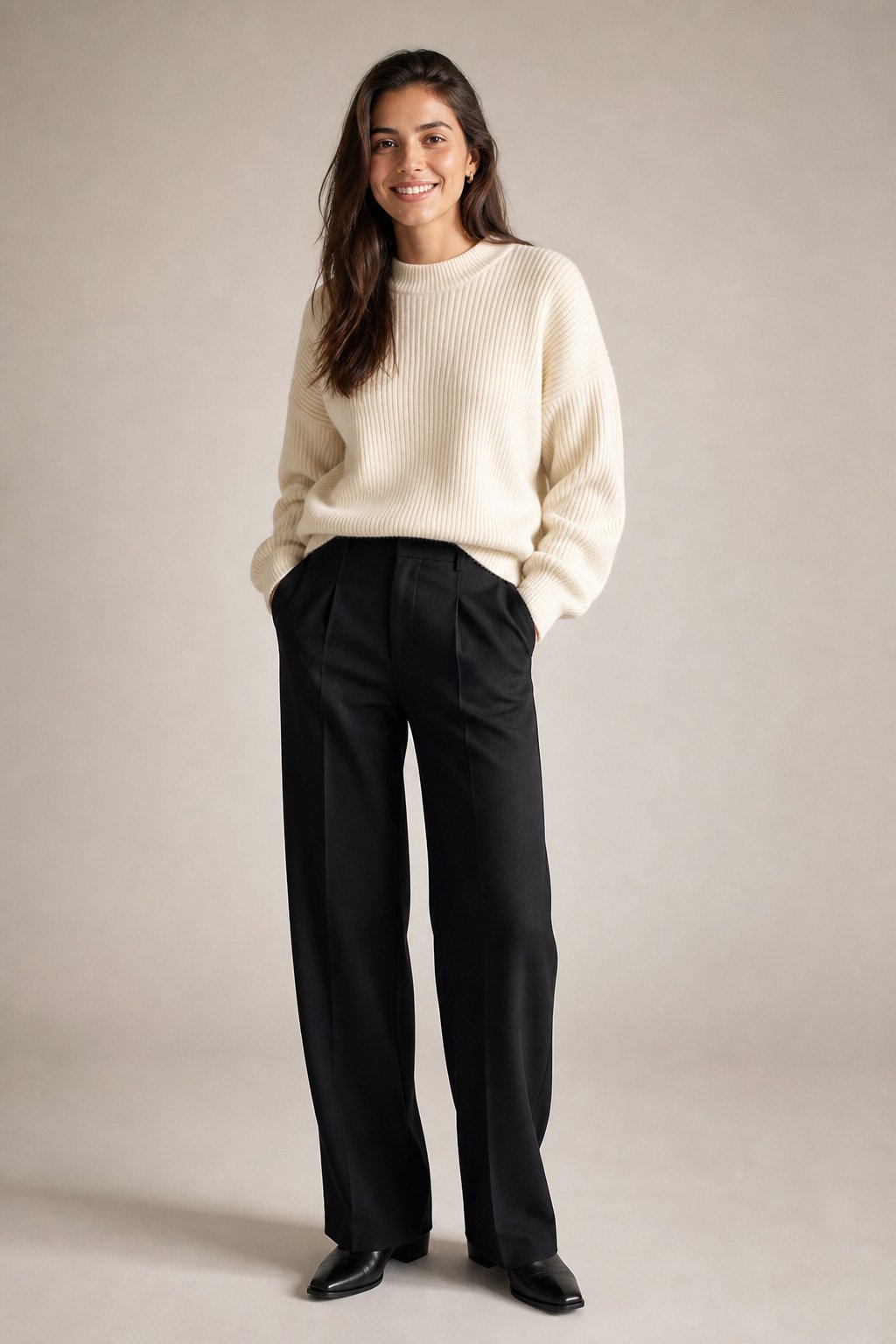 Woman in her early 20s in a structured ribbed knit sweater that holds its shape, styled with clean trousers