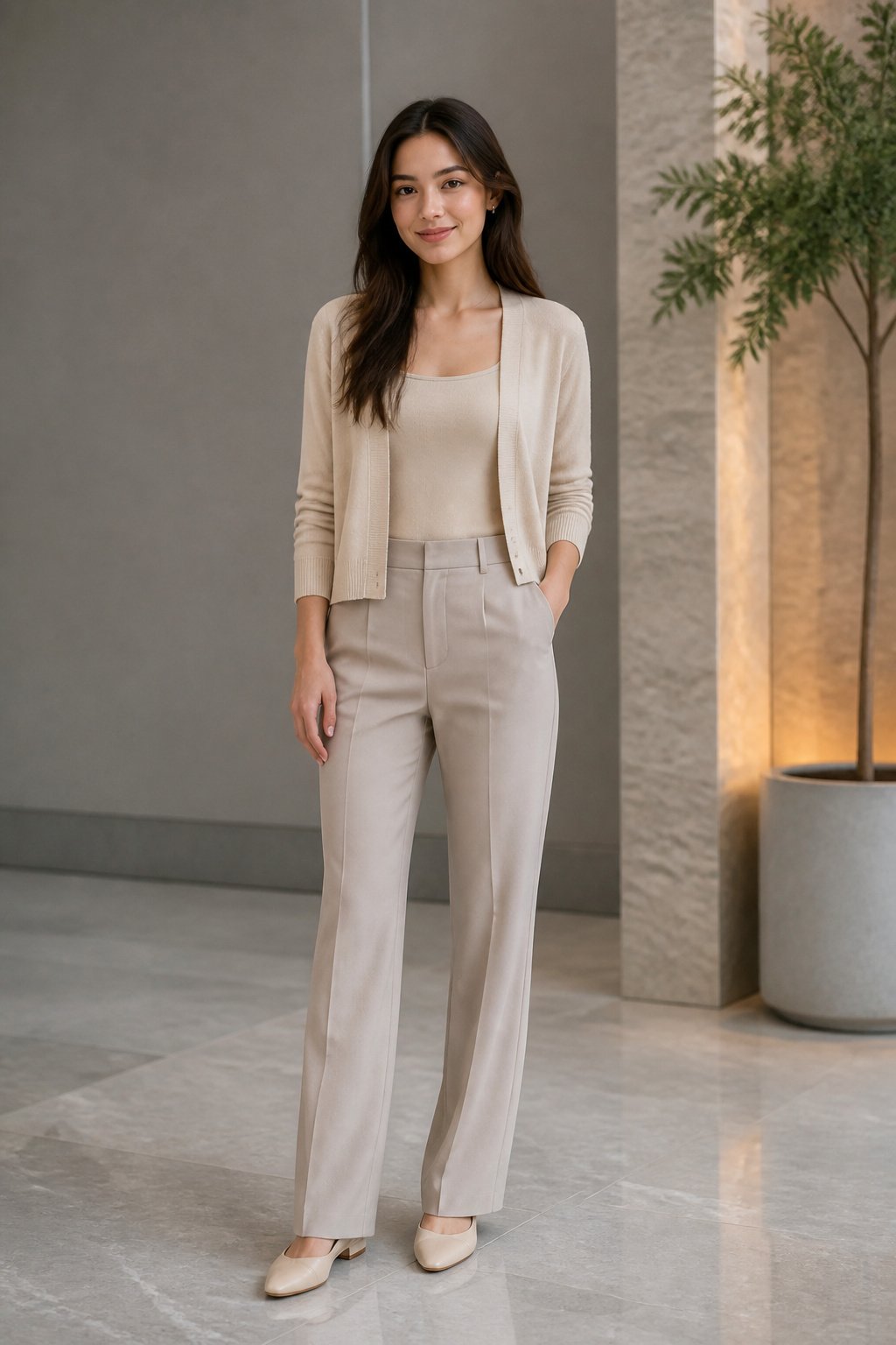 Woman in her mid 20s wearing a cardigan and trousers sized and proportioned to her own petite frame