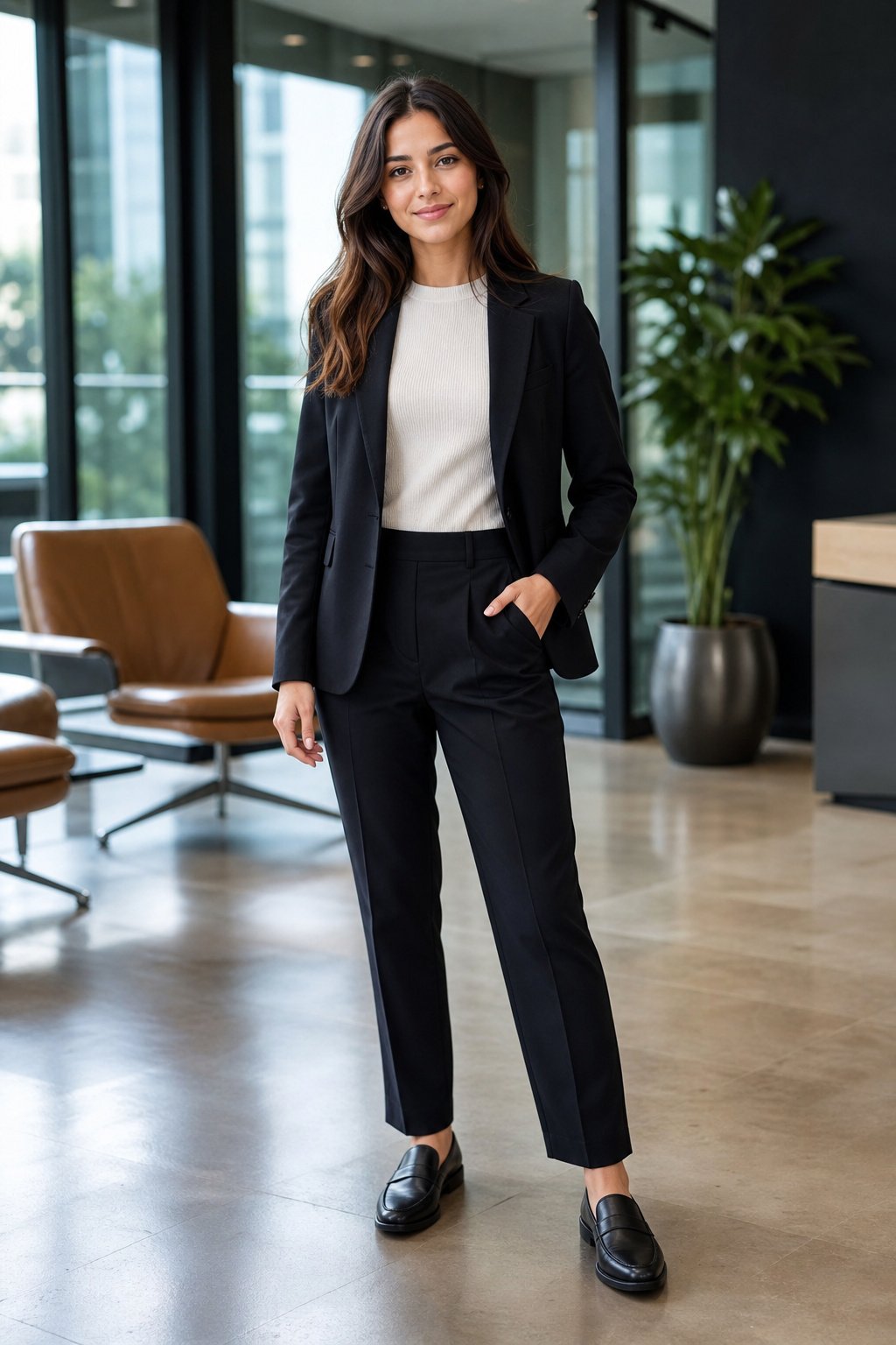 Polished young professional woman in her 20s in a blazer, loafers, and a knit top for a smart-casual work event