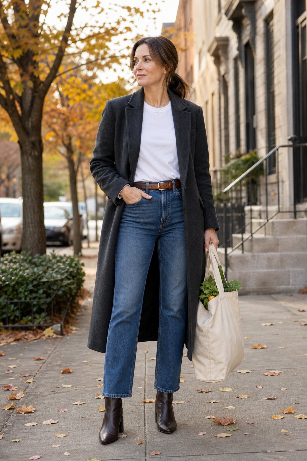 Mom in her 30s in straight leg jeans, white tee and long wool coat, winter errand mom uniform