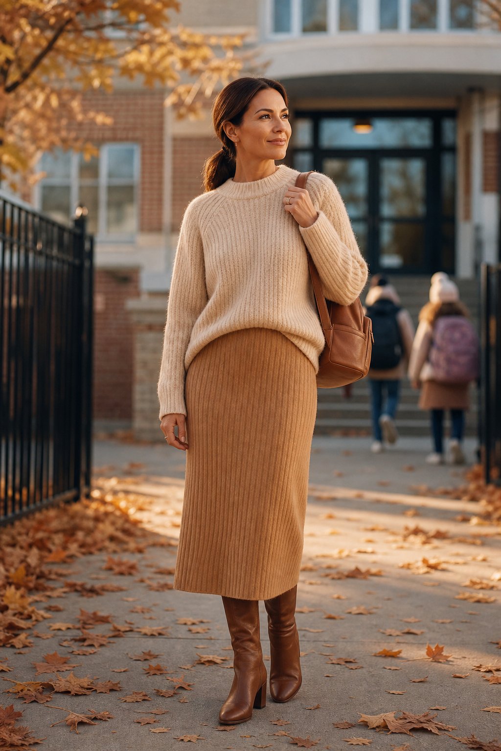 Mom in a ribbed midi skirt, chunky sweater and knee boots outside a school, winter school run mom uniform