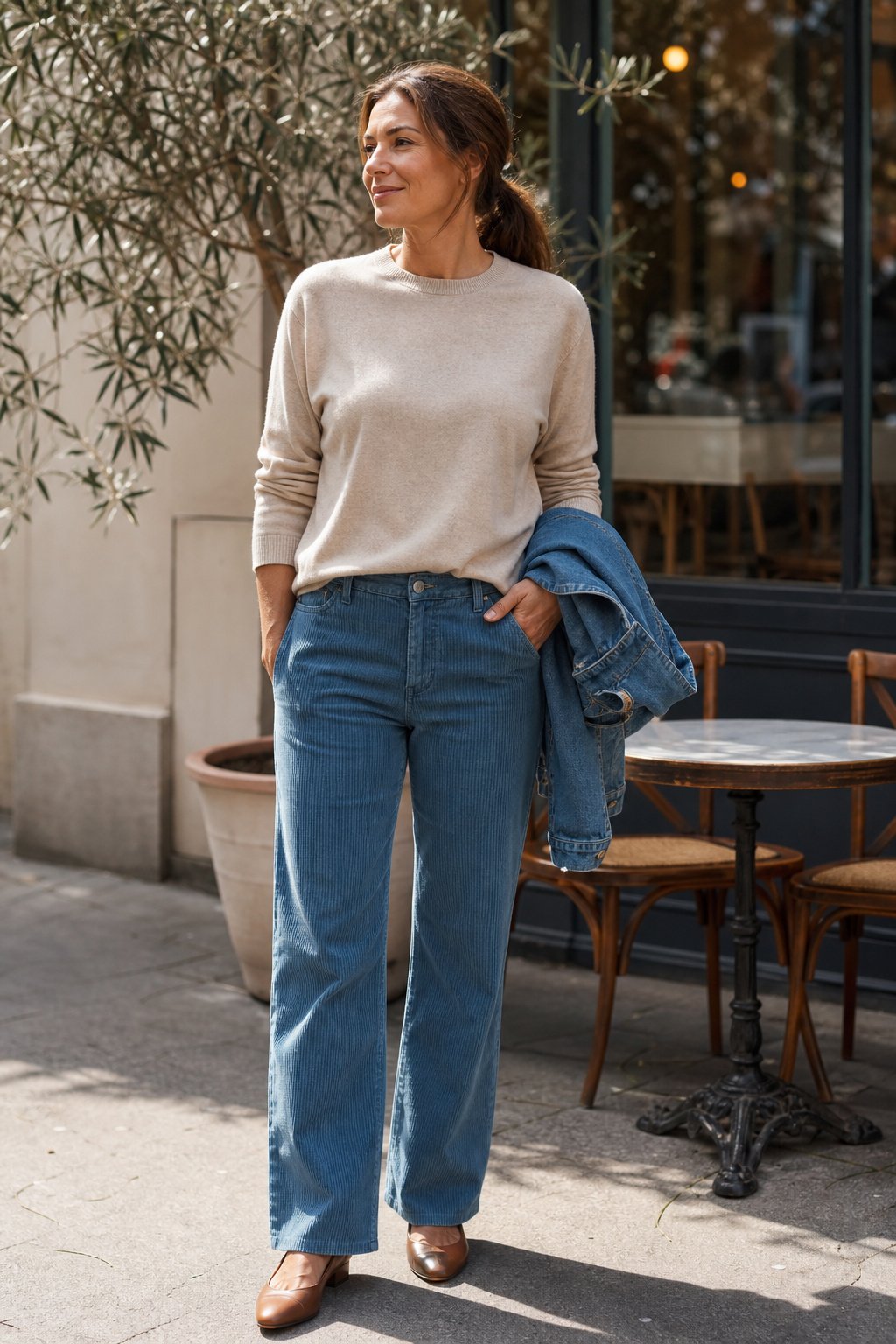 Mom in corduroy trousers and a merino crewneck outside a cafe, casual winter mom uniform