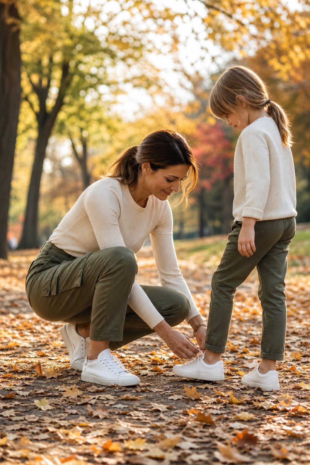 Mom in olive utility pants and a fitted knit tieing a child shoe in a park, winter mom uniform
