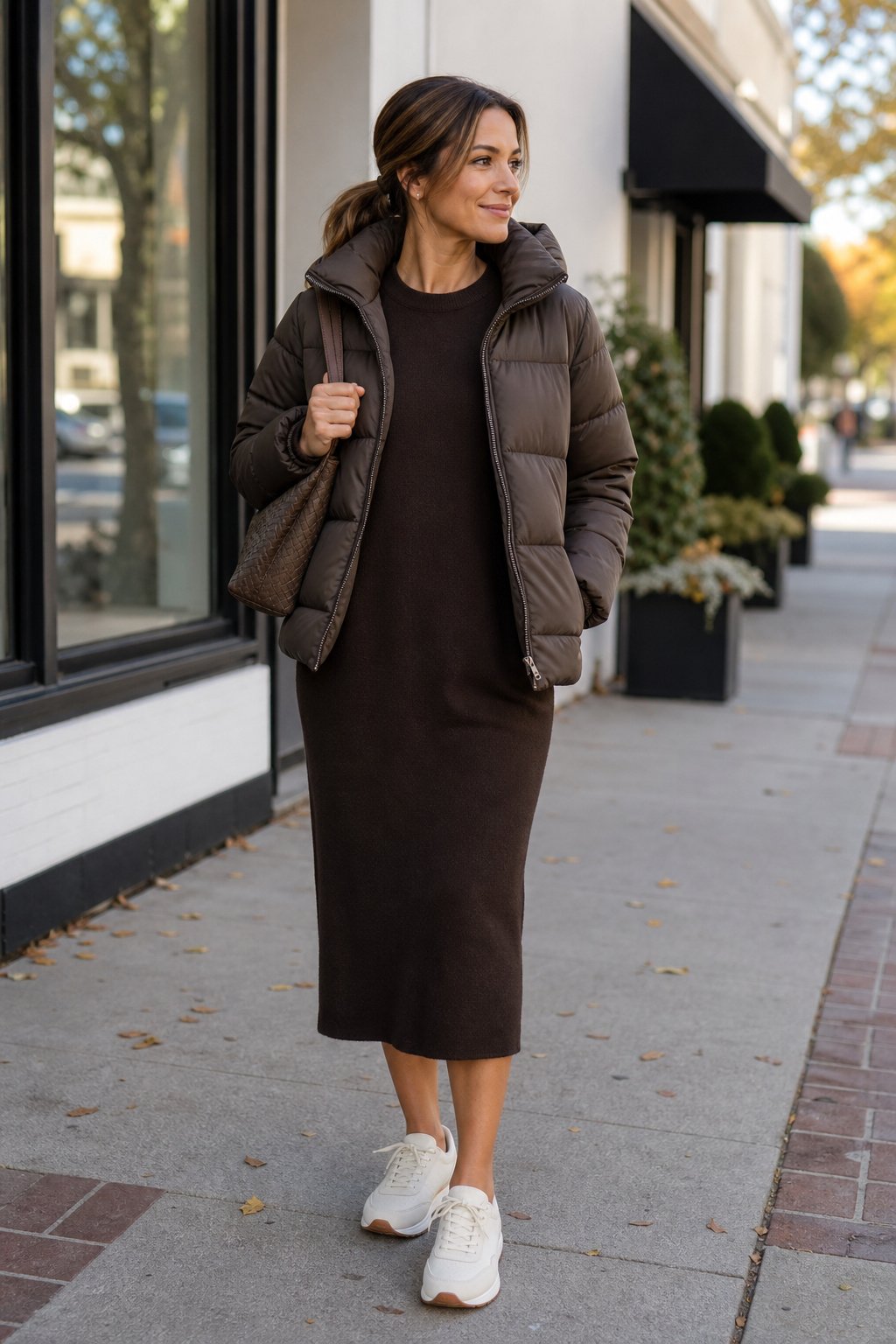 Mom in an espresso shift dress and cream sneakers with a puffer coat, grab and go winter mom uniform