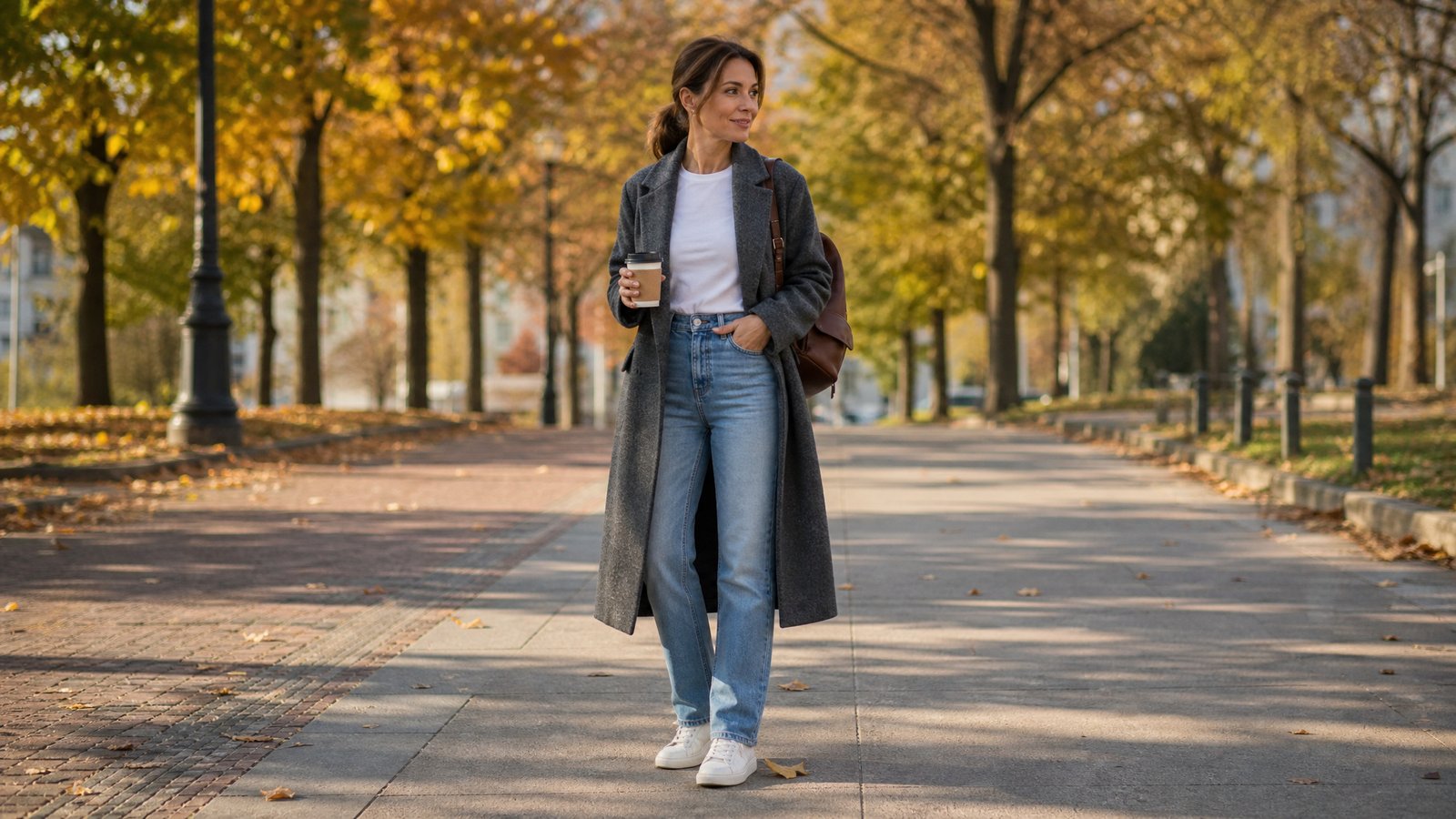 Stylish mom in her late 30s wearing straight leg jeans and a long charcoal wool coat on a city sidewalk, winter mom uniform