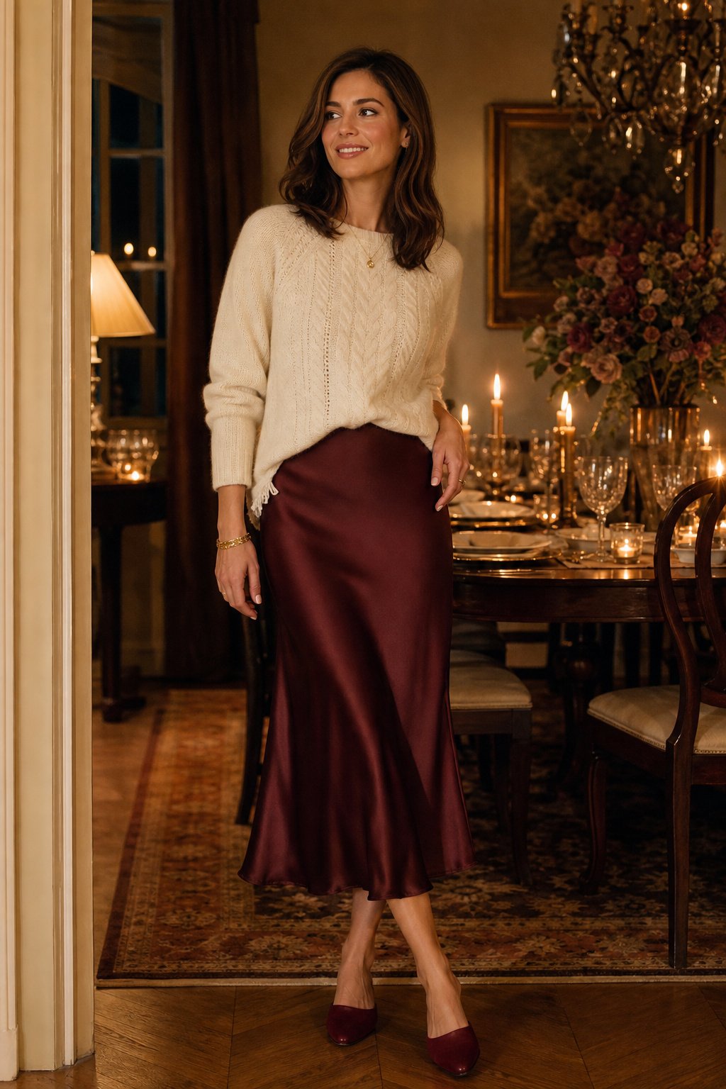 Woman in her early 30s in a burgundy satin midi skirt and cream cable-knit sweater, romantic fall date night outfit