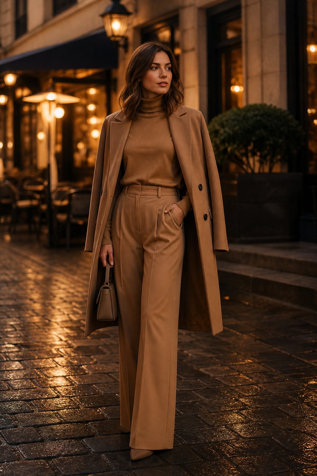 Woman in her early 30s in a camel turtleneck and wide-leg trousers with a tan wool coat, monochrome fall date night outfit