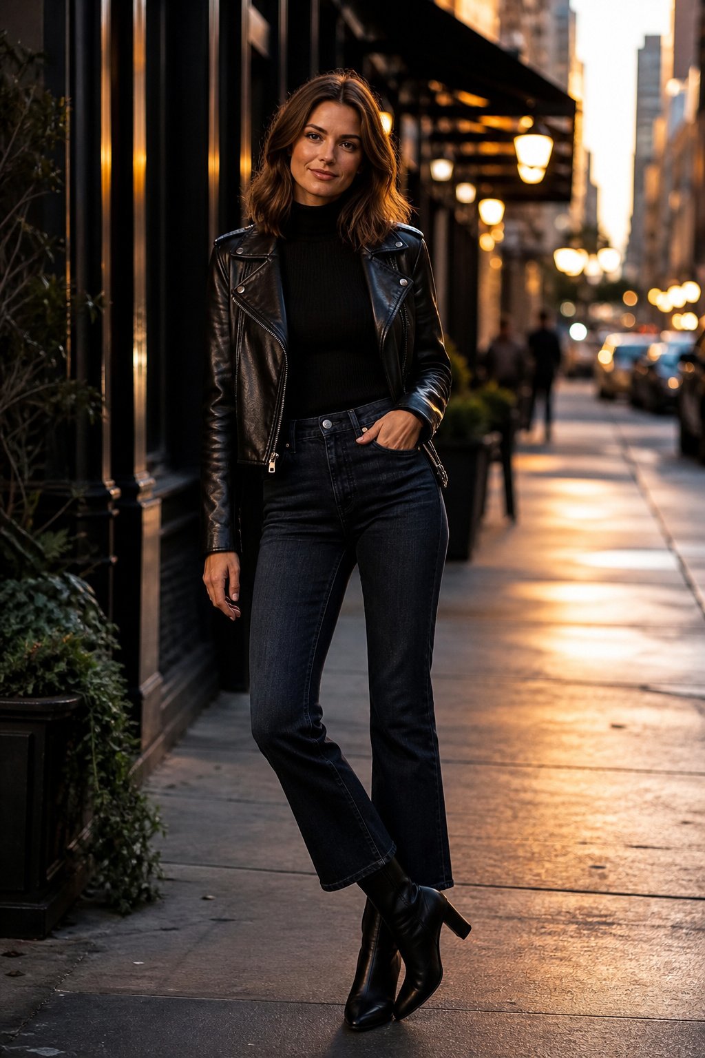 Woman in her early 30s in cropped flare jeans, a black turtleneck and heeled ankle boots with a leather moto jacket, fall date night outfit