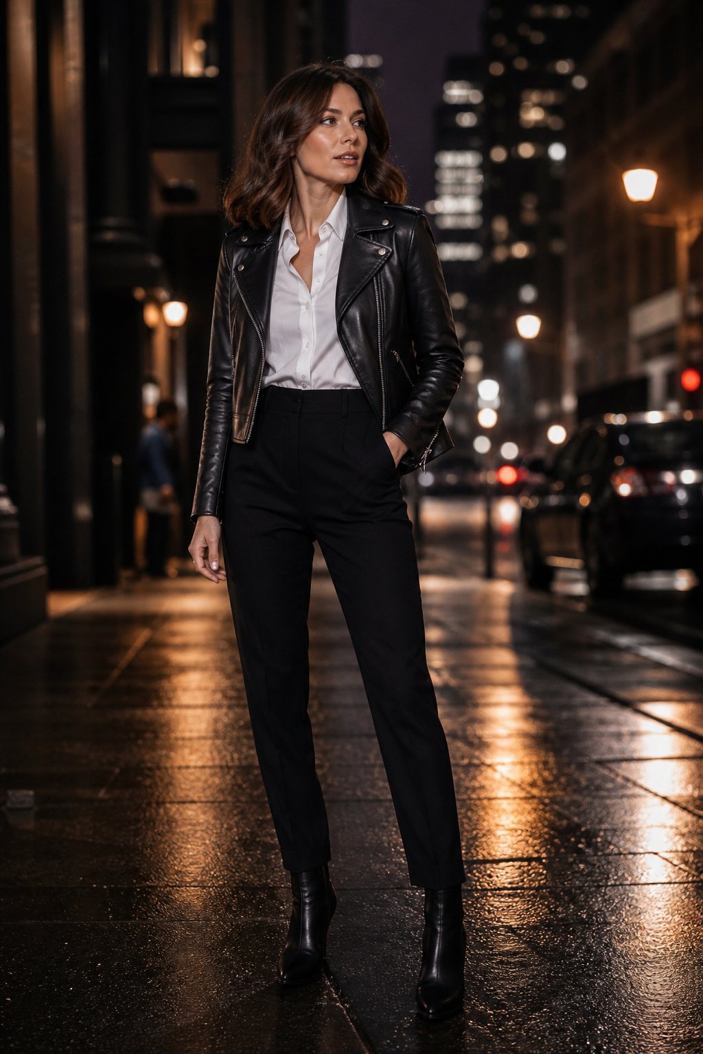 Woman in her early 30s in a white button-down, black trousers and a black leather moto jacket, edgy polished fall date night outfit
