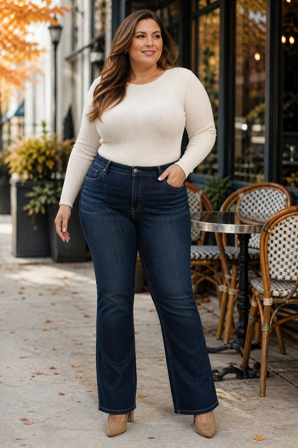 Woman in her mid 30s in high rise dark wash bootcut jeans, a cream ribbed knit top and block heels, flattering plus size fall outfit
