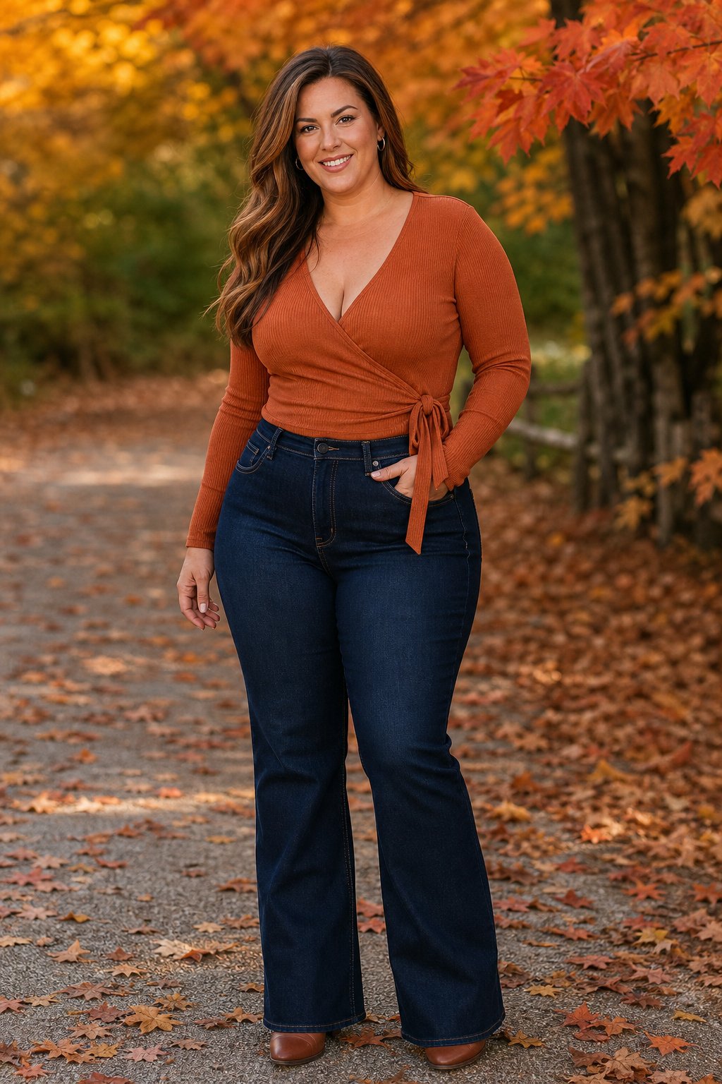 Woman in her mid 30s in a waist defining rust wrap knit top with dark bootcut jeans, curvy plus size fall outfit