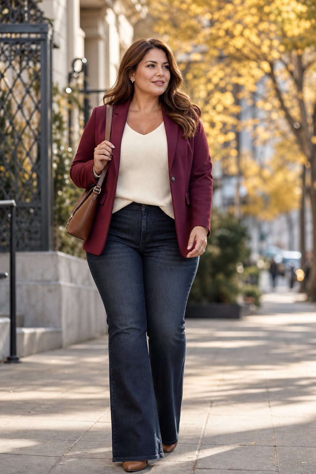 Woman in her mid 30s in a deep berry structured ponte blazer over a cream knit and dark jeans, polished plus size fall outfit