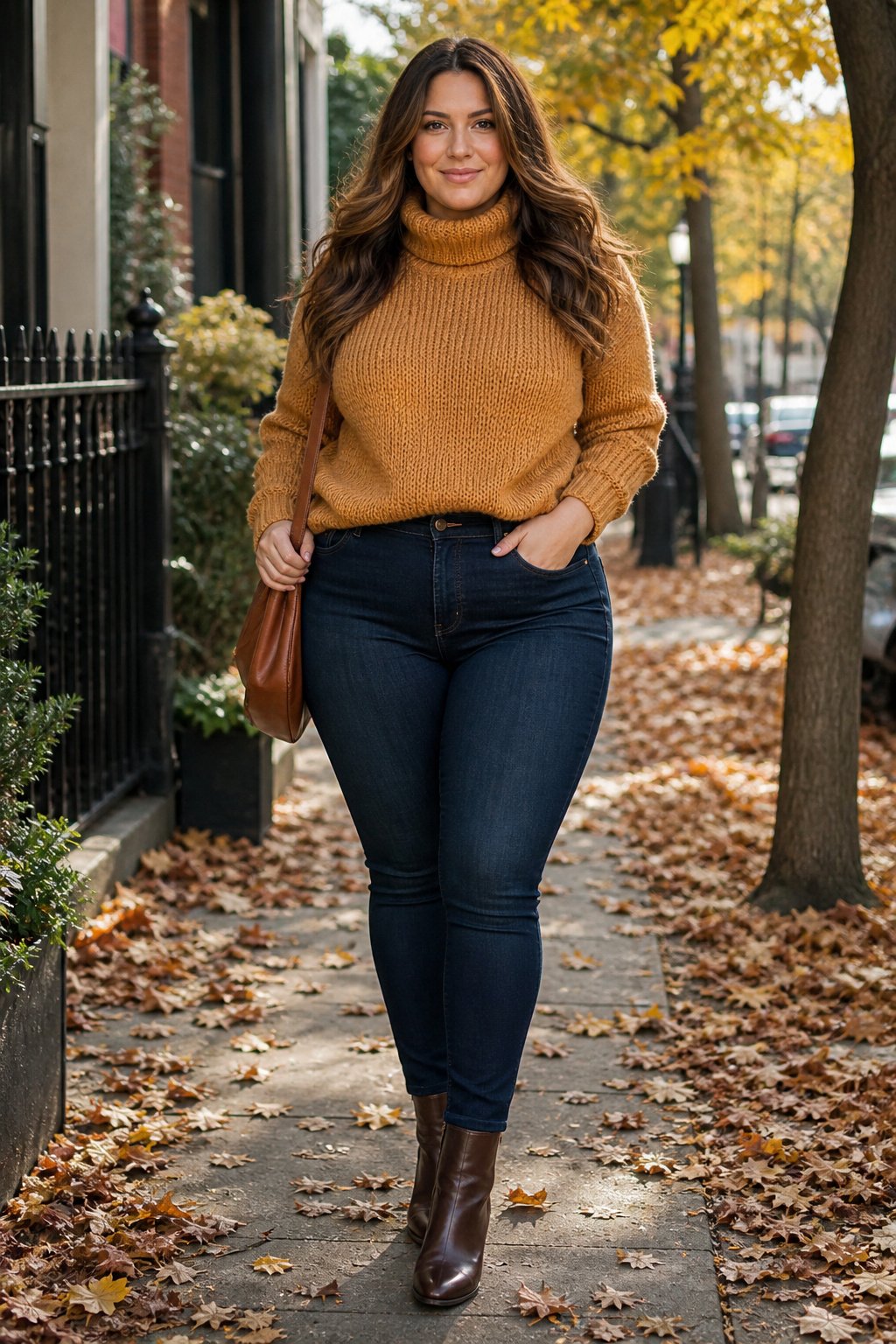 Woman in her mid 30s in a chunky ochre turtleneck sweater with dark high rise jeans, cozy plus size fall outfit