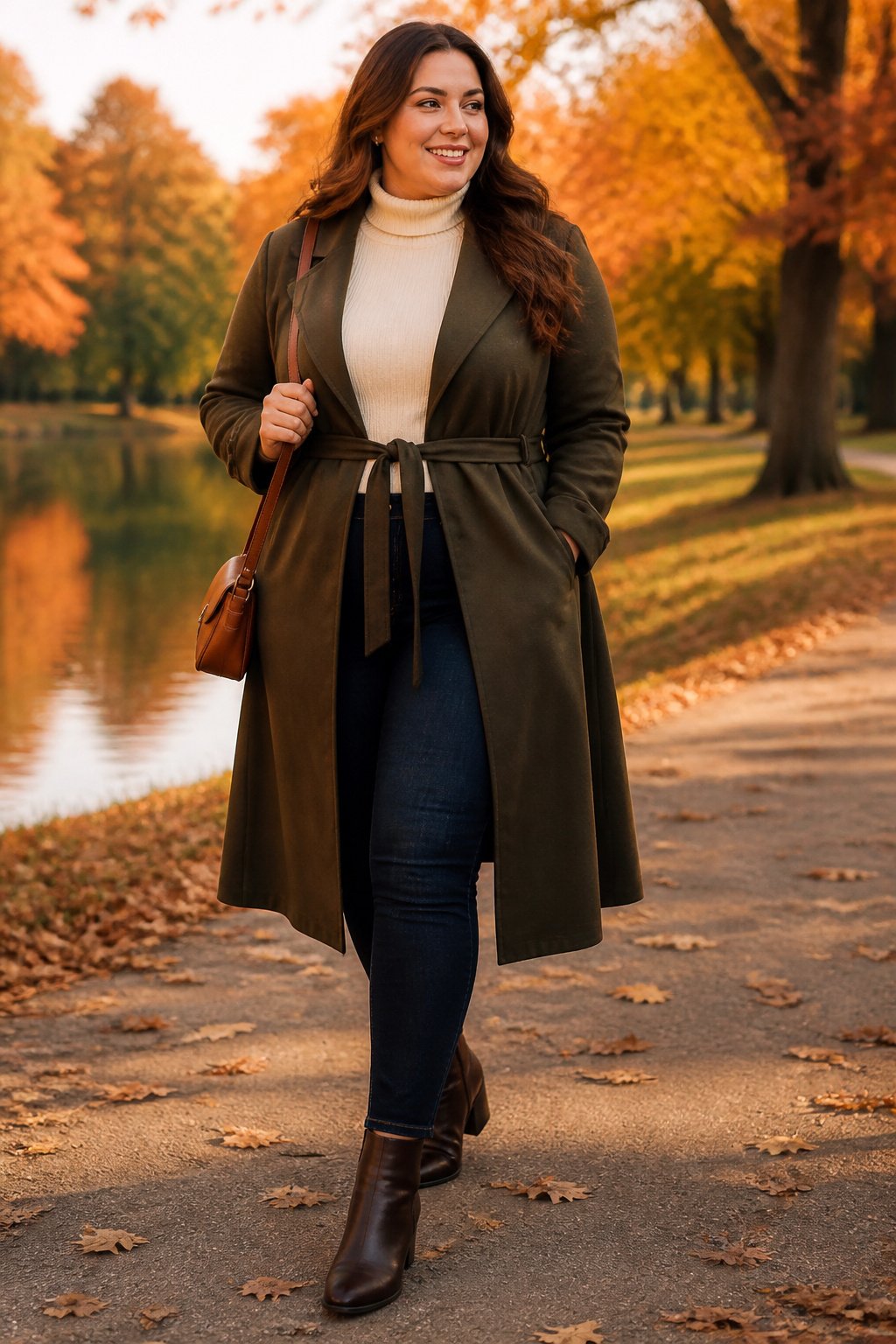 Woman in her mid 30s in a belted olive duster coat cinched at the waist over a turtleneck and jeans, plus size fall outfit