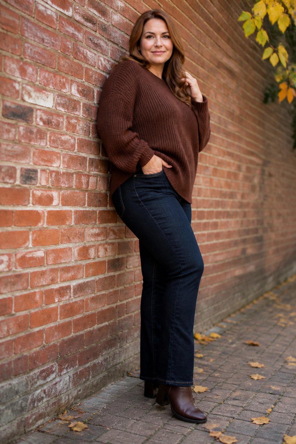 Woman in her mid 30s in dark bootcut jeans with block heel ankle boots and a brown knit, leg lengthening plus size fall outfit