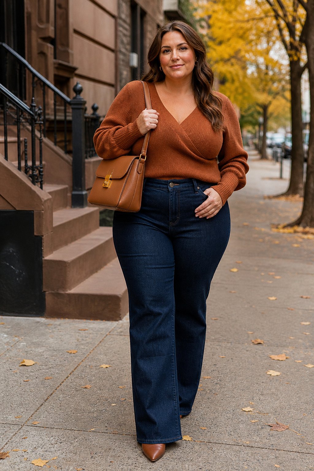 Woman in her mid 30s with a caramel structured shoulder bag over a cognac knit and dark jeans, proportionate plus size fall outfit