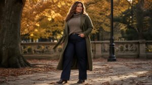 Woman in her mid 30s in a belted olive duster coat over a turtleneck and bootcut jeans, plus size fall capsule hero outfit