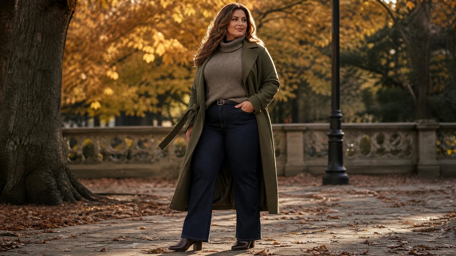Woman in her mid 30s in a belted olive duster coat over a turtleneck and bootcut jeans, plus size fall capsule hero outfit